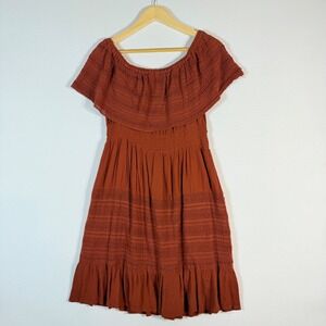 NAOO Nation AK Outfits Womens Medium Rust Off Shoulder Boho Dress Smocked Tiered